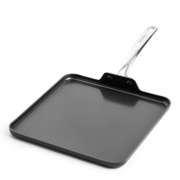 Black ceramic square griddle with metal handle, shown on a white background.
