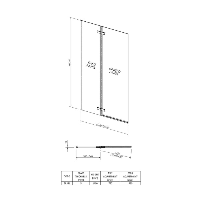 [BBSCRSS1] Chrome 5mm Toughened Safety Glass Centre Hinged Shower Bath Screen - Technical Drawing