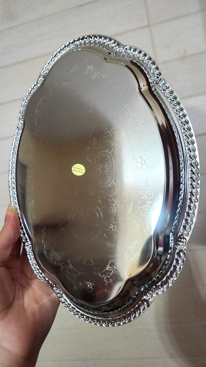 Chrome Plated Serving Tray Set, Engraved Floral Pattern