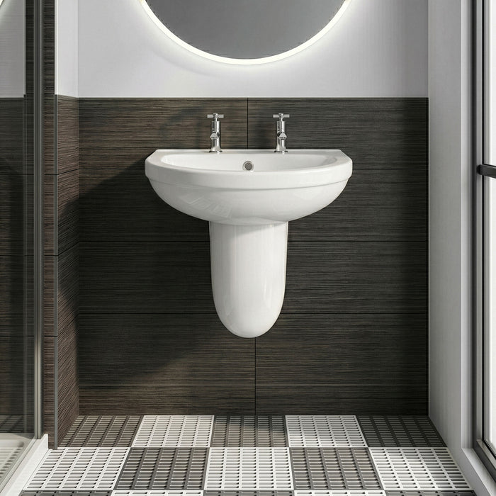 [BCVT004] Churnet Modern White Soft Round Semi Pedestal Bathroom Basin - 1 or 2 Tap Hole (555mm) - Silo