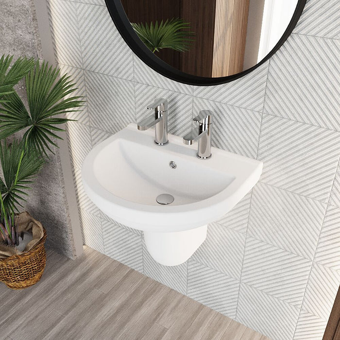 [BCVT005] Churnet Modern White Soft Round Semi Pedestal Bathroom Basin - 1 or 2 Tap Hole (555mm) - Lifestyle 2