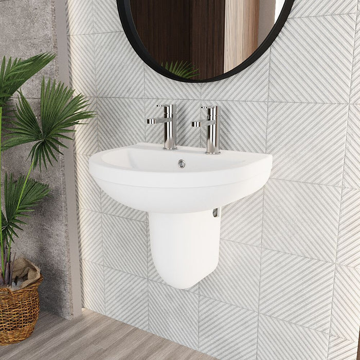 [BCVT005] Churnet Modern White Soft Round Semi Pedestal Bathroom Basin - 1 or 2 Tap Hole (555mm) - Lifestyle 3