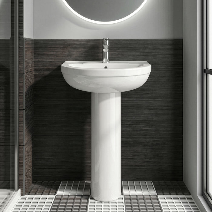 [BCVT002] Churnet Round Ceramic Basin and Pedestal - 1 or 2 Tap Hole - 845 x 555 x 445mm - Silo