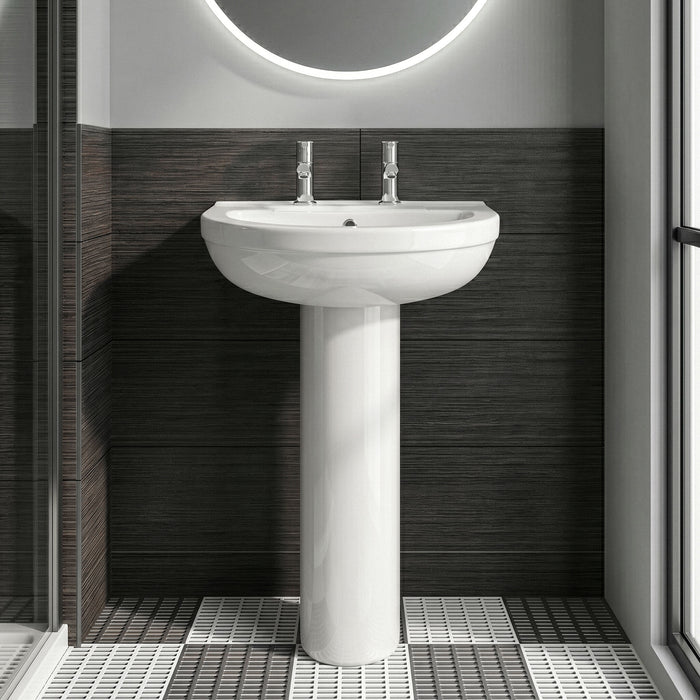 [BCVT003] Churnet Round Ceramic Basin and Pedestal - 1 or 2 Tap Hole - 845 x 555 x 445mm - Silo