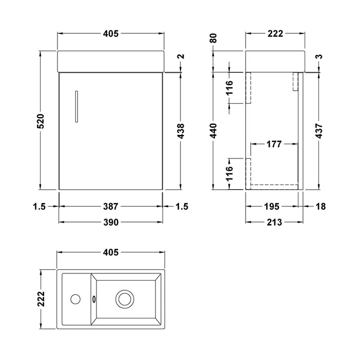 [BFSA182] Cloakroom Wall Hung 1 Door Vanity Unit with Basin, 400mm - Gloss White - Technical Drawing
