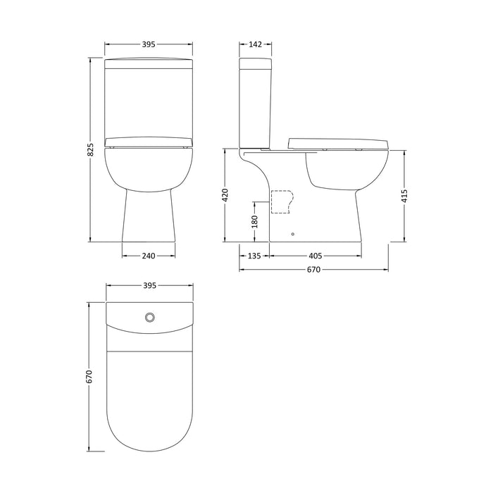 [BCRI002] Close Coupled Toilet Pan & Cistern  - 825mm x 395mm x 670mm - Technical Drawing