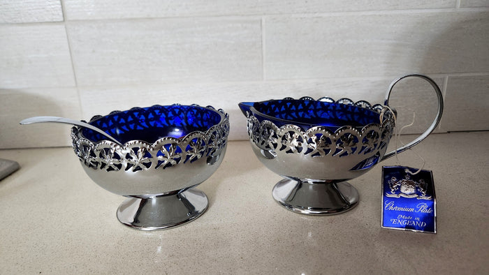 Cobalt Blue Glass Creamer and Sugar Bowl Set