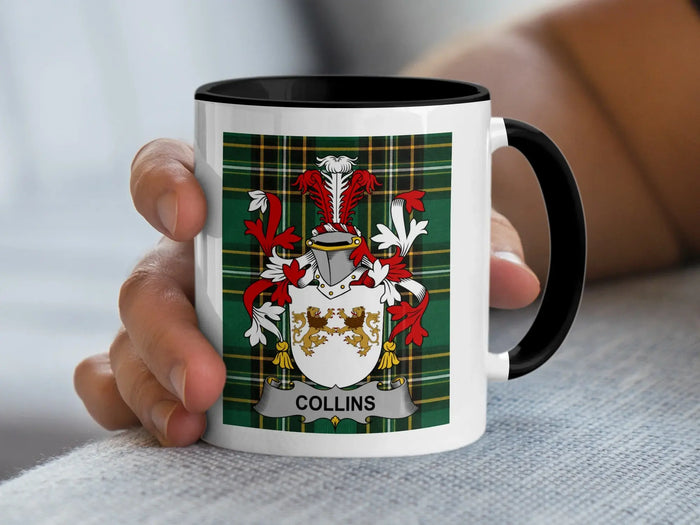 Collins Irish surname mug with surname emblem on an Irish National Tartan background.