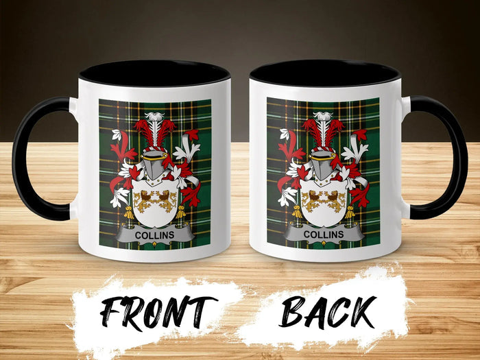 Collins surname emblem accent mug shown from front and back with black interior.