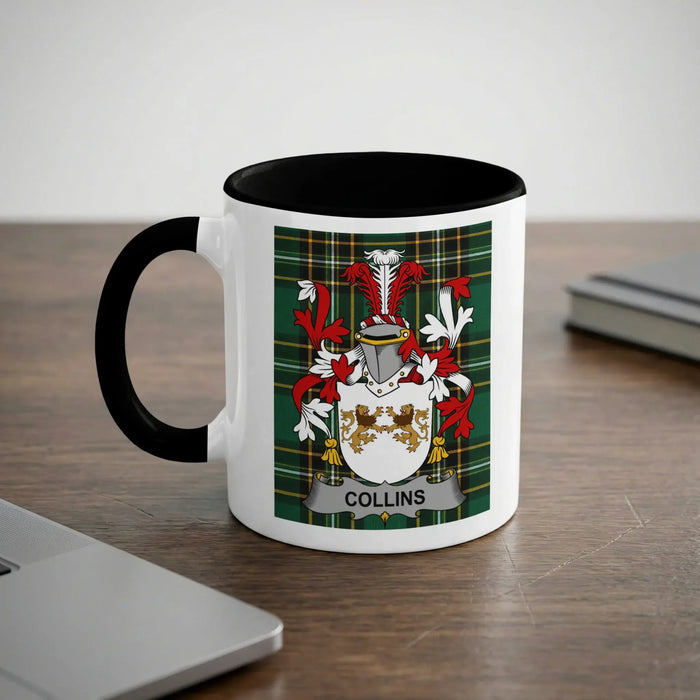 Collins 11oz ceramic mug with black rim and surname emblem on Irish tartan.