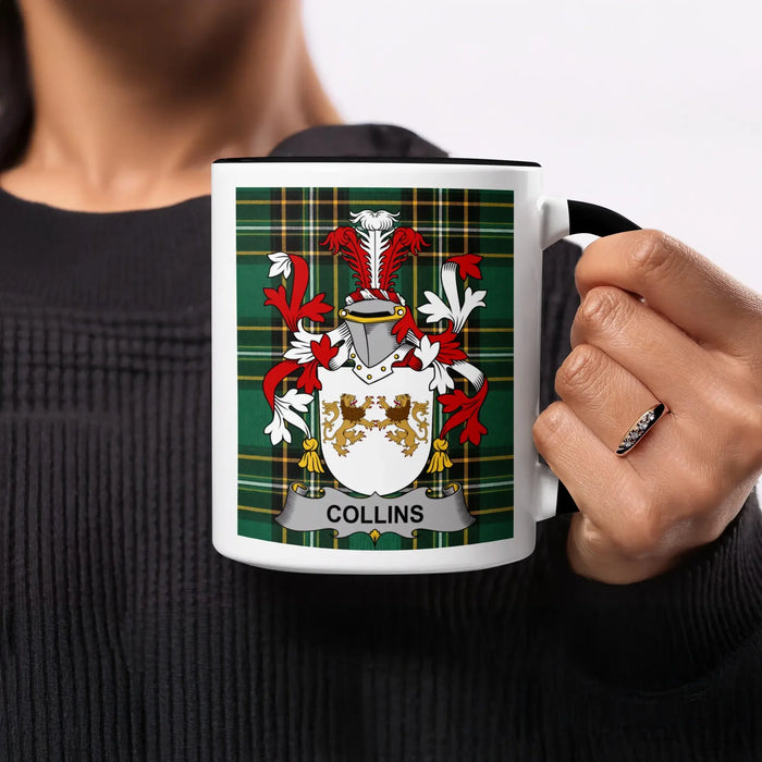 Collins heritage mug featuring the surname emblem, black handle and tartan design.