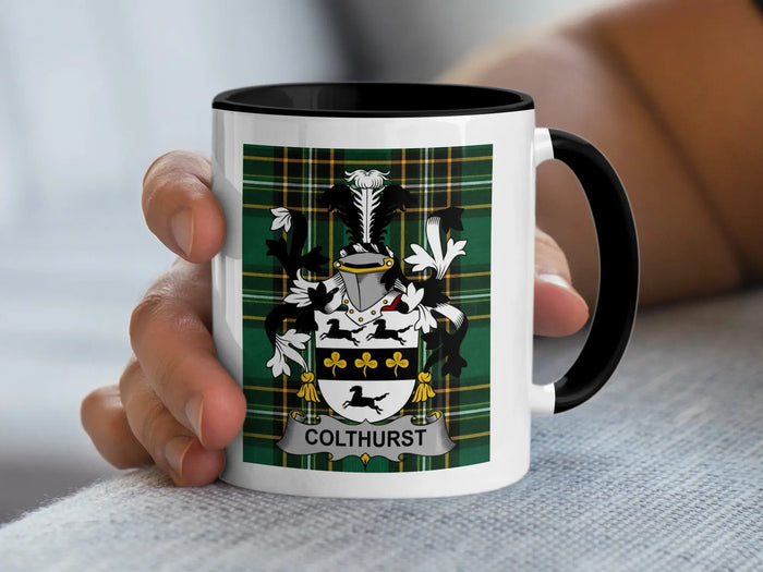 Colthurst Irish surname mug with family crest on an Irish National Tartan background.