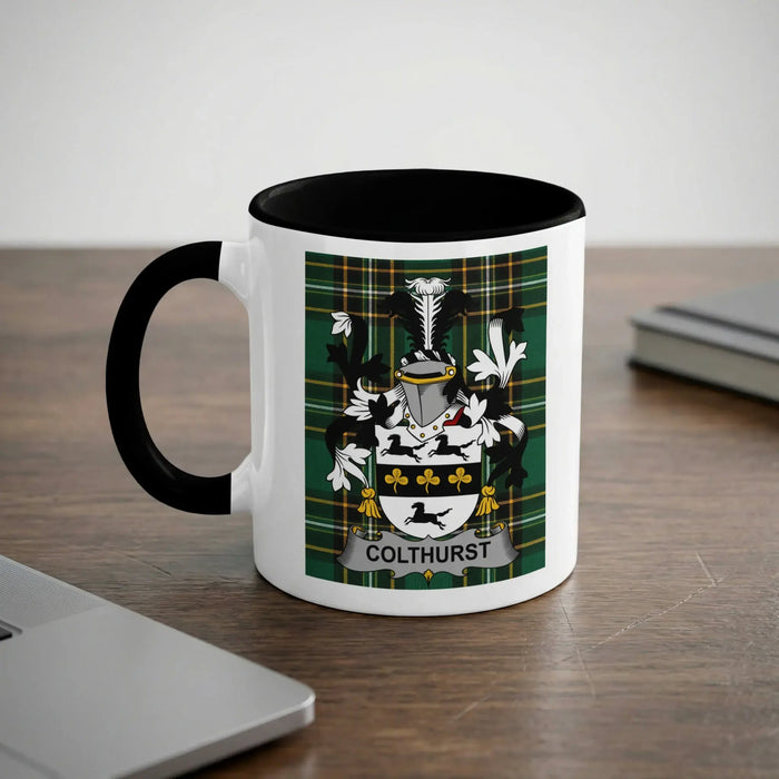 Colthurst 11oz ceramic mug with black rim and surname emblem on Irish tartan.