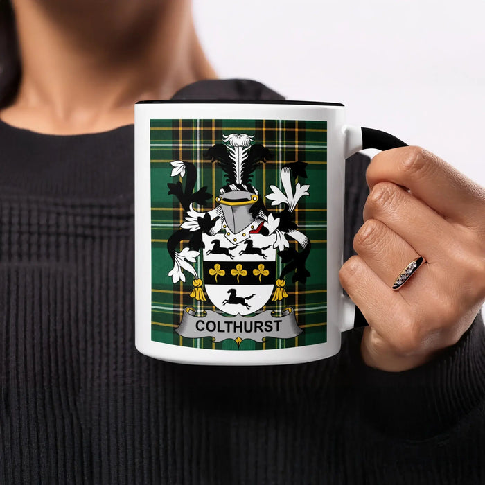 Colthurst heritage mug featuring the family crest, black handle and tartan design.