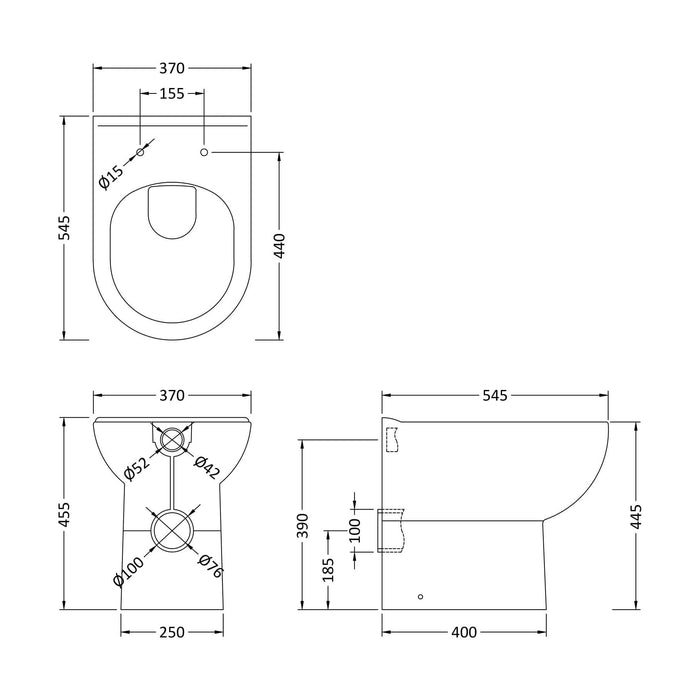 [BCBW006P] Comfort Height Back To Wall Toilet Pan  - 455 x 375 x 545mm - Technical Drawing