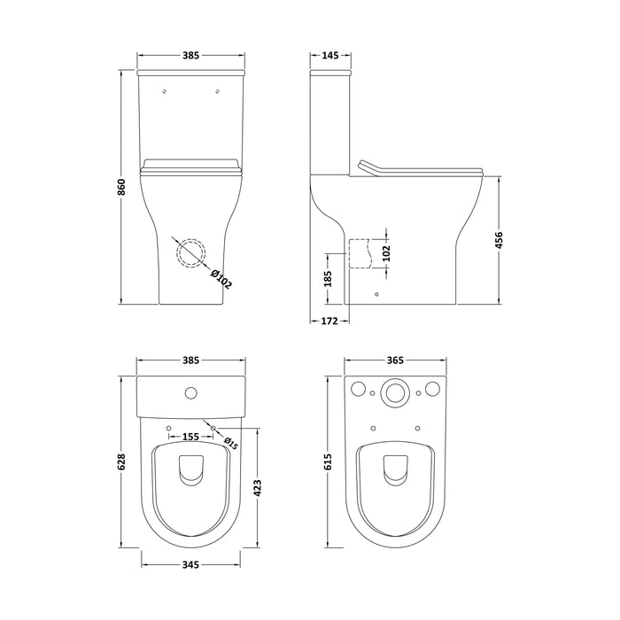[BCQU391] Comfort Height Rimless Toilet Pan, Cistern & Soft Close Seat - 845x380x605mm - Technical Drawing