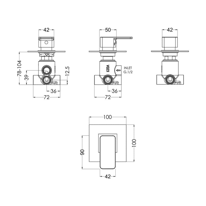 [BSEMWD14] Concealed Lever Handle 2/3/4 Way Shower Diverter - Chrome - Technical Drawing