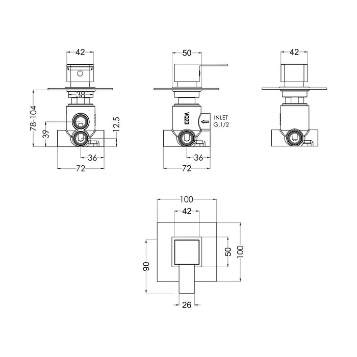 [BSRPWD14] Concealed Lever Handle 2/3/4 Way Shower Diverter Chrome - Technical Drawing