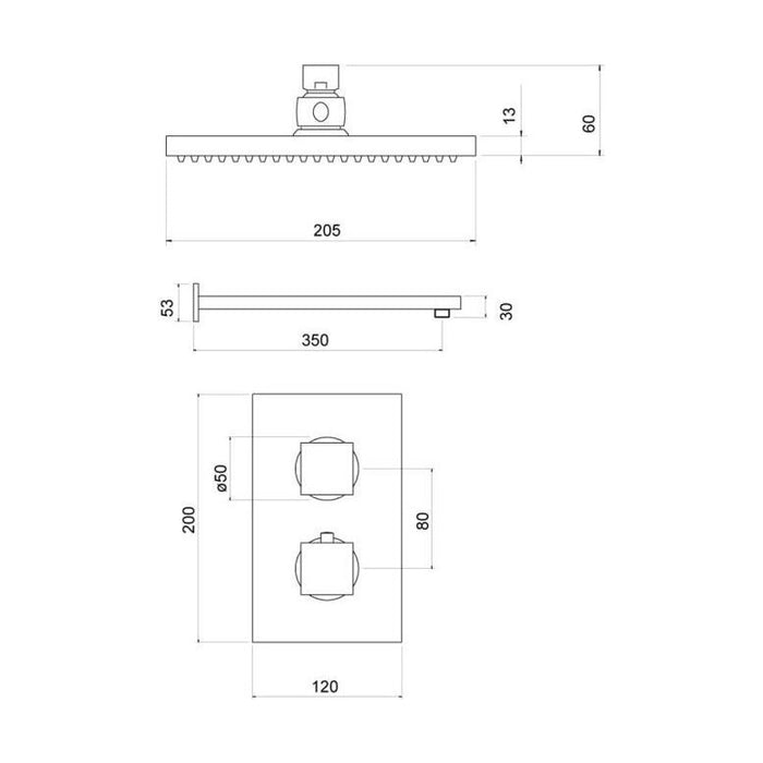 [BSTSS006] Concealed Thermostatic Shower Set – Square Design - Chrome - Technical Drawing