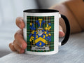 Conran Irish surname mug with family crest on an Irish National Tartan background.