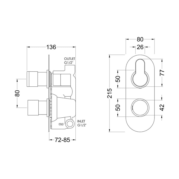 [BSPR4TW01] Consall Round Thermostatic One Outlet Shower Valve, Choice of Finish - Technical Drawing
