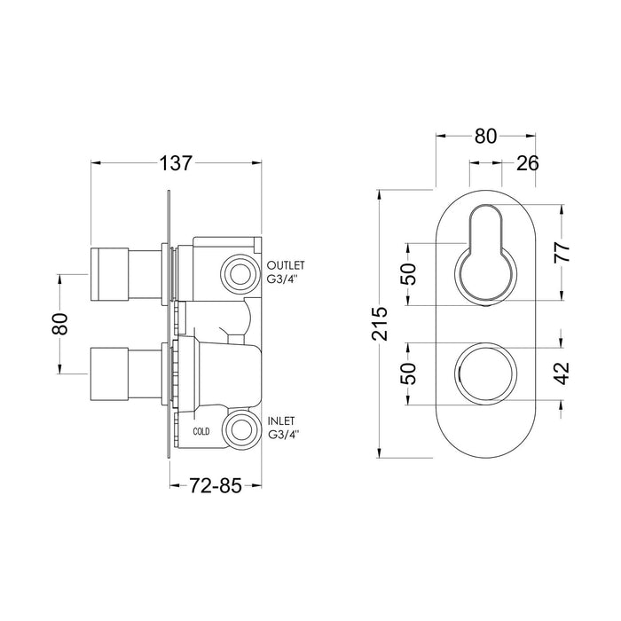 [BSPR7TW02] Consall Round Thermostatic Two Outlet Shower Valve with Diverter, Choice of Finish - Technical Drawing