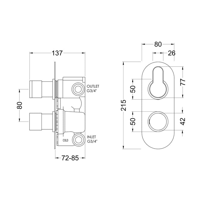 [BSPR8TW02] Consall Round Thermostatic Two Outlet Shower Valve with Diverter, Choice of Finish - Technical Drawing