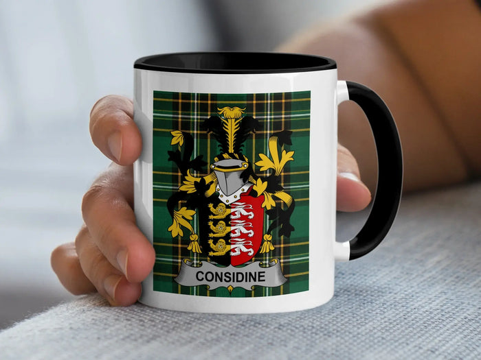 Considine Irish surname mug with family crest on an Irish National Tartan background.