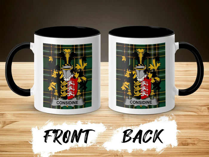 Considine family crest accent mug shown from front and back with black interior.