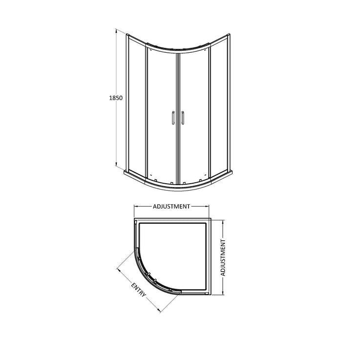 [BERUQ80] Contemporary 6mm Toughened Safety Glass Quadrant Shower Enclosure, H: 1850mm, Choice of Size and Colour - Technical Drawing