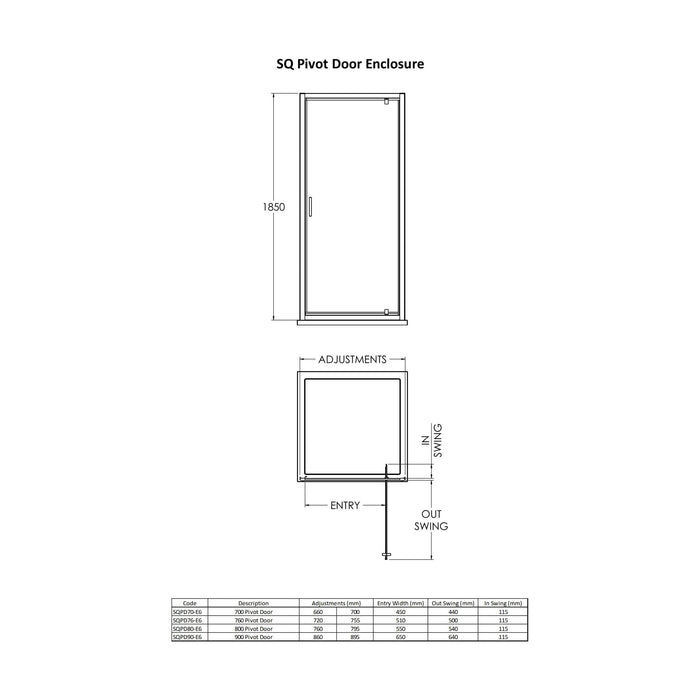 [BERUPD76BP] Contemporary 6mm Toughened Safety Glass Reversible Pivot Shower Door, H: 1850mm, Choice of Size and Colour - Technical Drawing
