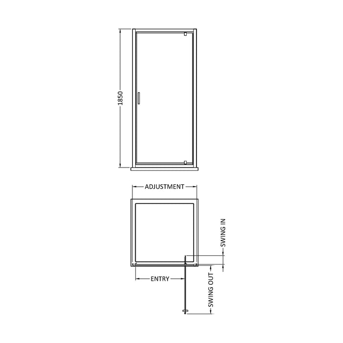 [BERUPD80] Contemporary 6mm Toughened Safety Glass Reversible Pivot Shower Door, H: 1850mm, Choice of Size and Colour - Technical Drawing