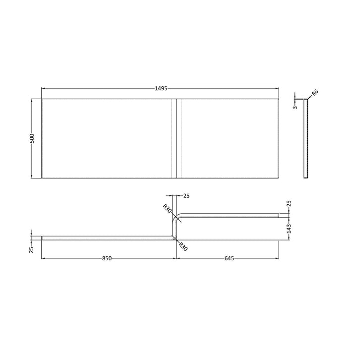 [BBSS302] Contemporary Acrylic Bath Panel, Suitable for Standard Straight Baths - Gloss White - Technical Drawing
