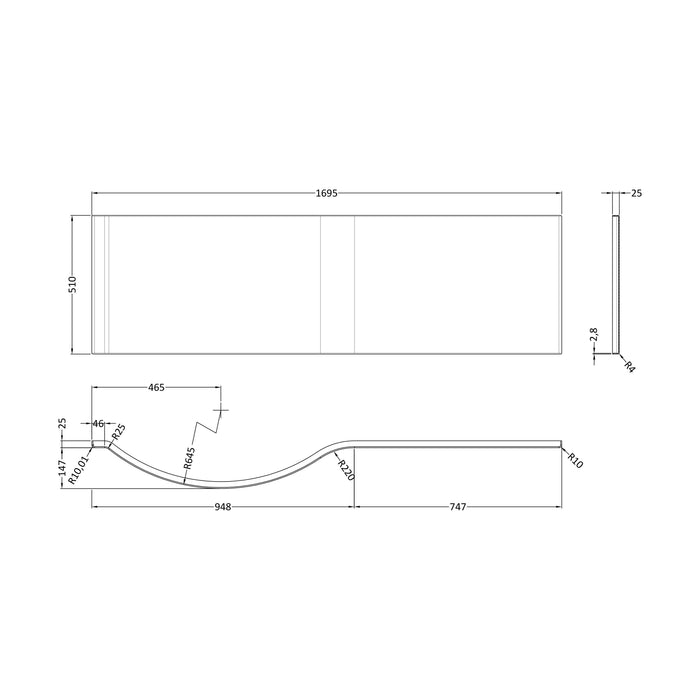[BBPB200] Contemporary Acrylic P-Shaped Front Bath Panel for Curved Shower Baths - Technical Drawing