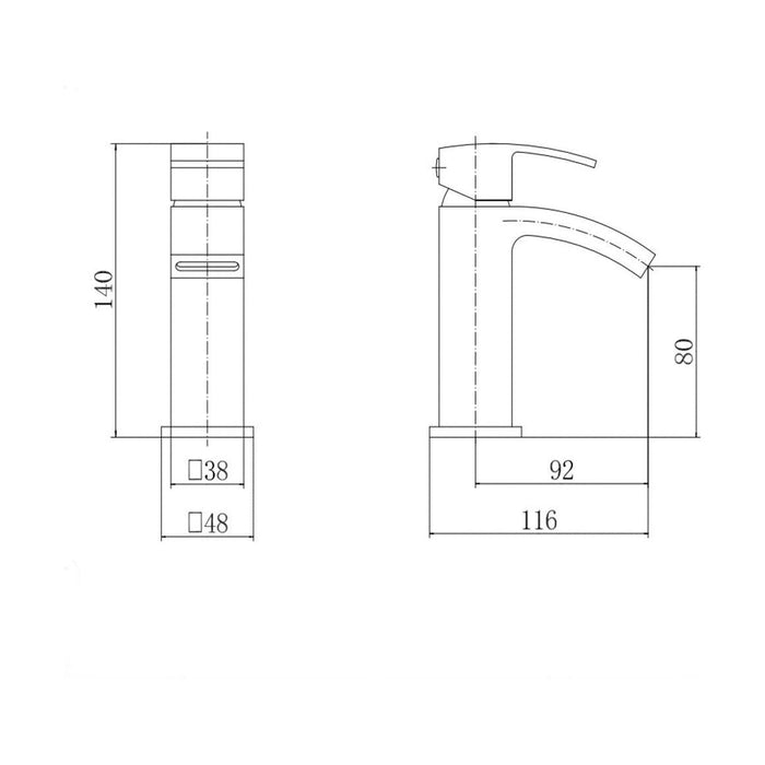 [BT9041] Contemporary Bathroom Mini Basin Tap – Square Lever, 133.5 x 48mm, Chrome - Technical Drawing