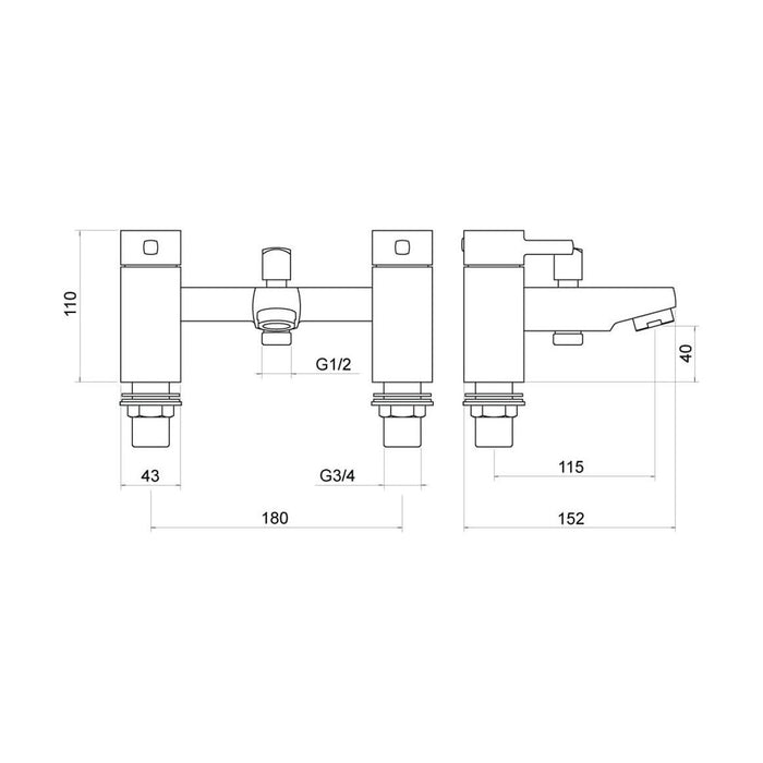 [BTTT604] Contemporary Bathroom Soft Square Deck Mounted Bath Shower Mixer Tap with Kit - Chrome - Technical Drawing