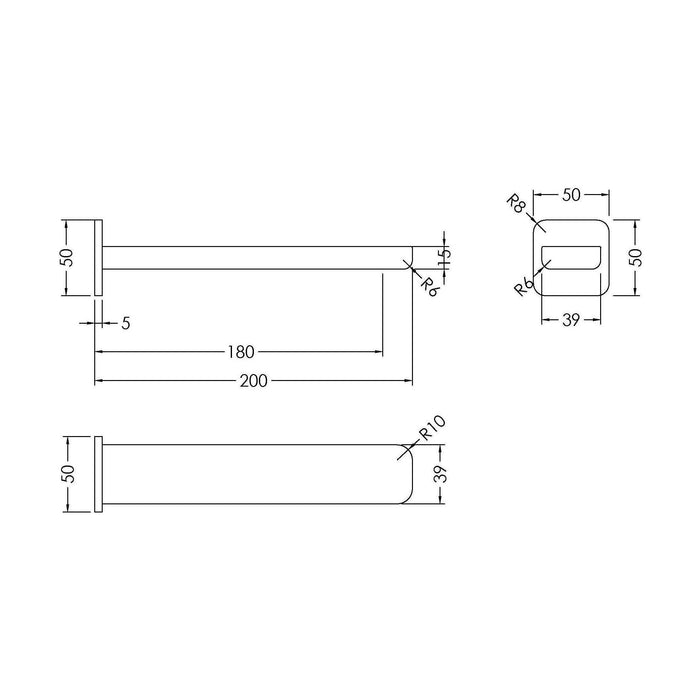 [BTEM300] Contemporary Bathroom Square Wall Mounted Bath Spout, 50mm, Chrome - Technical Drawing