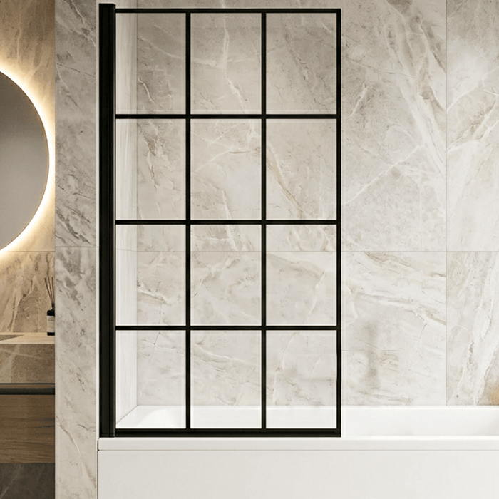 [BBSCSQBF] Contemporary Black Framed Reversible Hinged Shower Bath Screen - 6 mm Toughened Safety Glass, H: 1430 × W: 790 × D: 38 mm - Silo