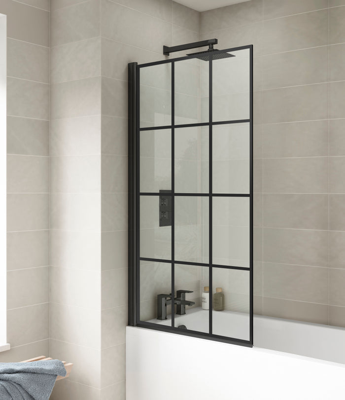 [BBSCSQBF] Contemporary Black Framed Reversible Hinged Shower Bath Screen - 6 mm Toughened Safety Glass, H: 1430 × W: 790 × D: 38 mm - Lifestyle 1