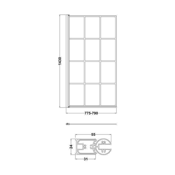 [BBSCSQBF] Contemporary Black Framed Reversible Hinged Shower Bath Screen - 6 mm Toughened Safety Glass, H: 1430 × W: 790 × D: 38 mm - Technical Drawing