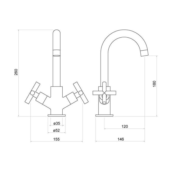 [BKT017] Contemporary Cross Handle Kitchen Mixer Tap - Chrome - Technical Drawing