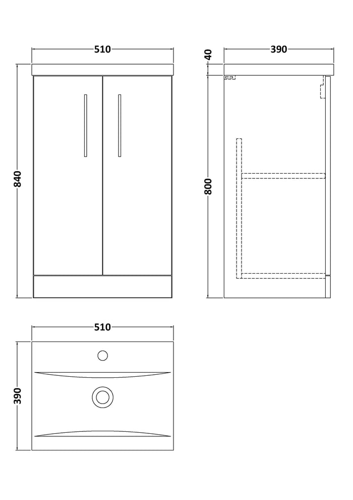 [BFLE101A] Contemporary Floor Standing Vanity Unit with Mid-Edge Basin, Choice of Size - Line Drawing
