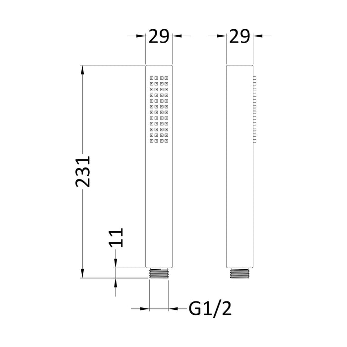 [BSHS710] Contemporary Minimalist Square Single Function Shower Handset, Choice of Colour - Technical Drawing