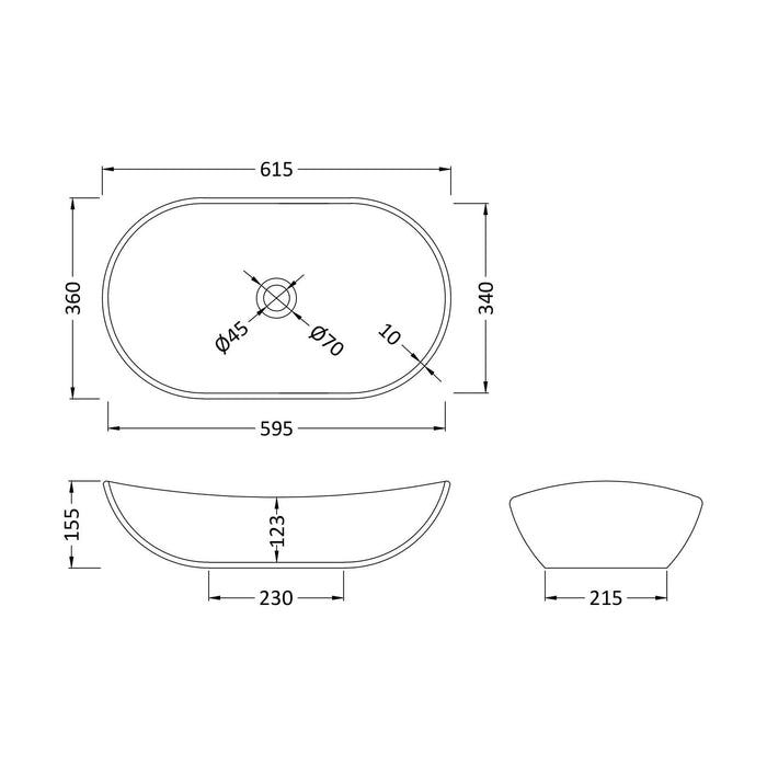 [BCCT259] Contemporary Oval Bathroom Countertop Basin Vessel, 360 x 615 x 155mm, Choice of Colour - Technical Drawing