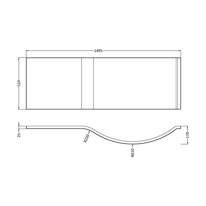 [BBPB202] Contemporary P Shaped Acrylic Bath Panel - Technical Drawing