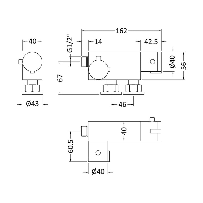 [BSBV023] Contemporary Round Vertical Thermostatic Shower Bar Valve (1 Outlet) - Chrome - Balterley - Technical Drawing