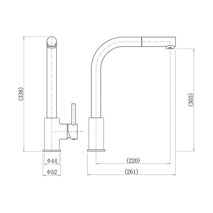 [BKT004K] Contemporary Single Lever Round Kitchen Sink Mixer Tap, Choice of Colour - Technical Drawing