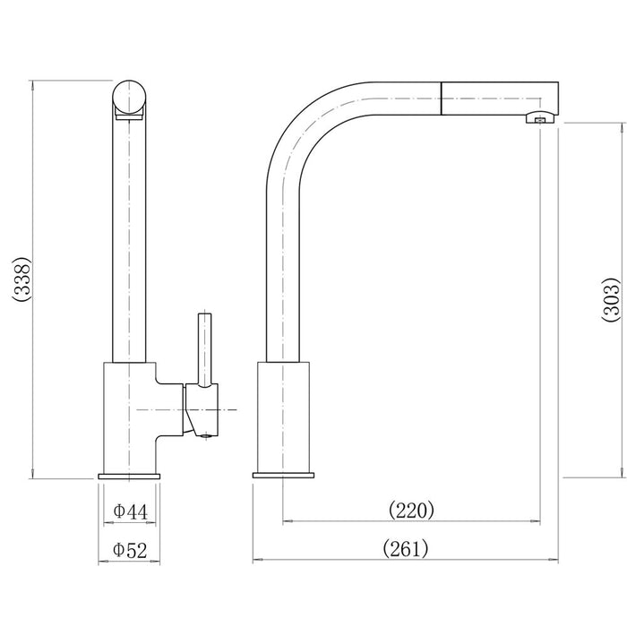 [BKT004] Contemporary Single Lever Round Kitchen Sink Mixer Tap, Choice of Colour - Technical Drawing