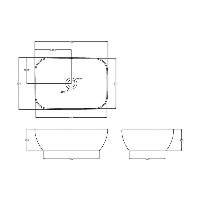 [BCCT158] Contemporary Soft Rectangular Countertop Basin - Gloss White Ceramic Vessel Without Overflow - Technical Drawing
