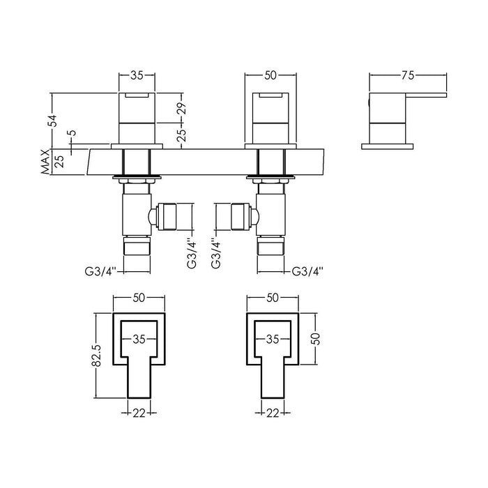 [BTRP308] Contemporary Square Deck Mounted 3/4" Chrome Side Valves - Chrome - Technical Drawing